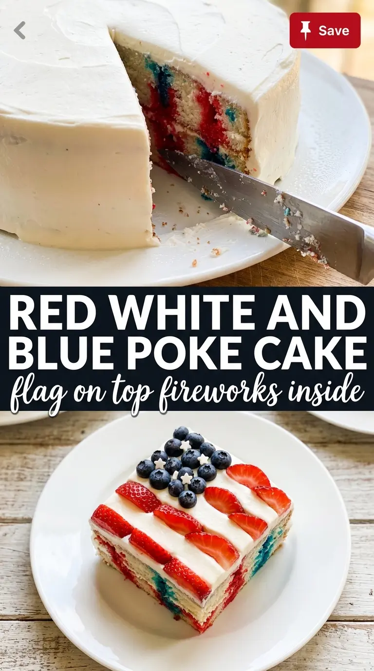 Red, White and Blue Poke Cake, patriotic Jell-O stripes, whipped topping