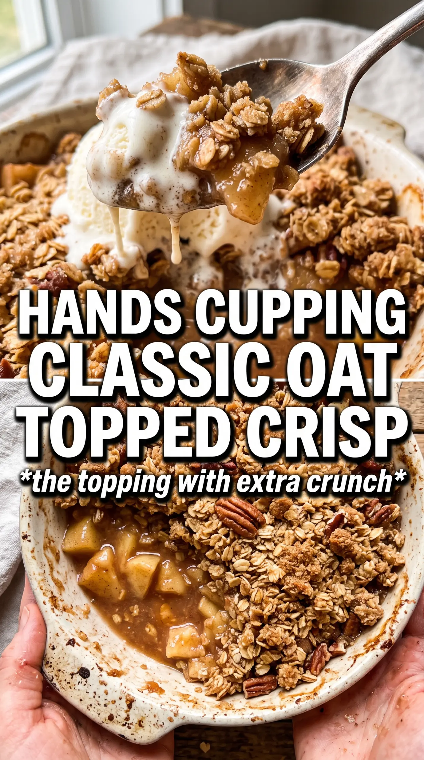 Apple crisp with oats, golden crumble, bubbling apples