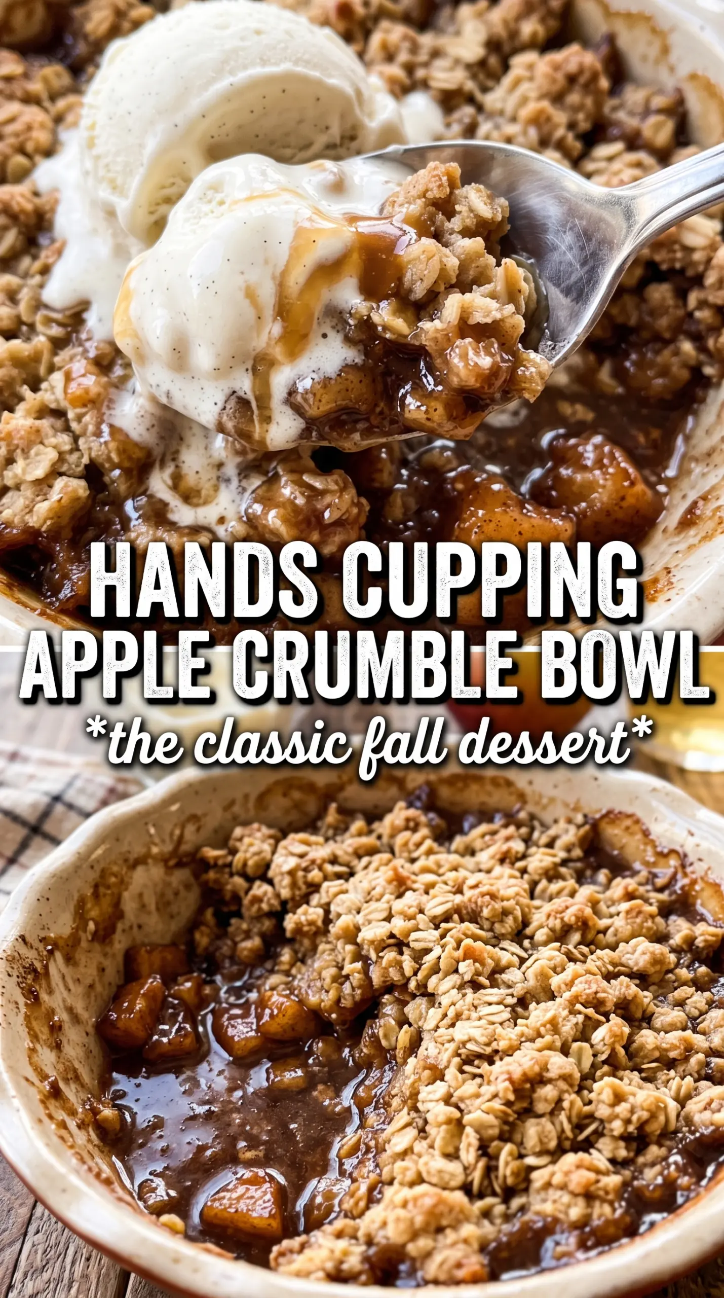 Apple crumble with cinnamon apples, buttery topping, custard