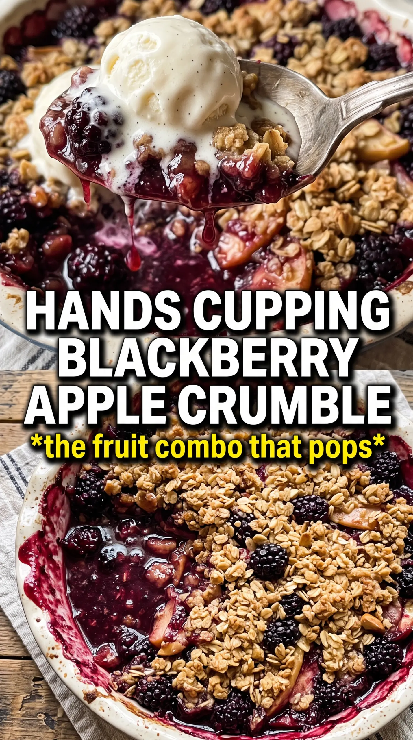 Blackberry apple crumble golden topping, bubbling fruit