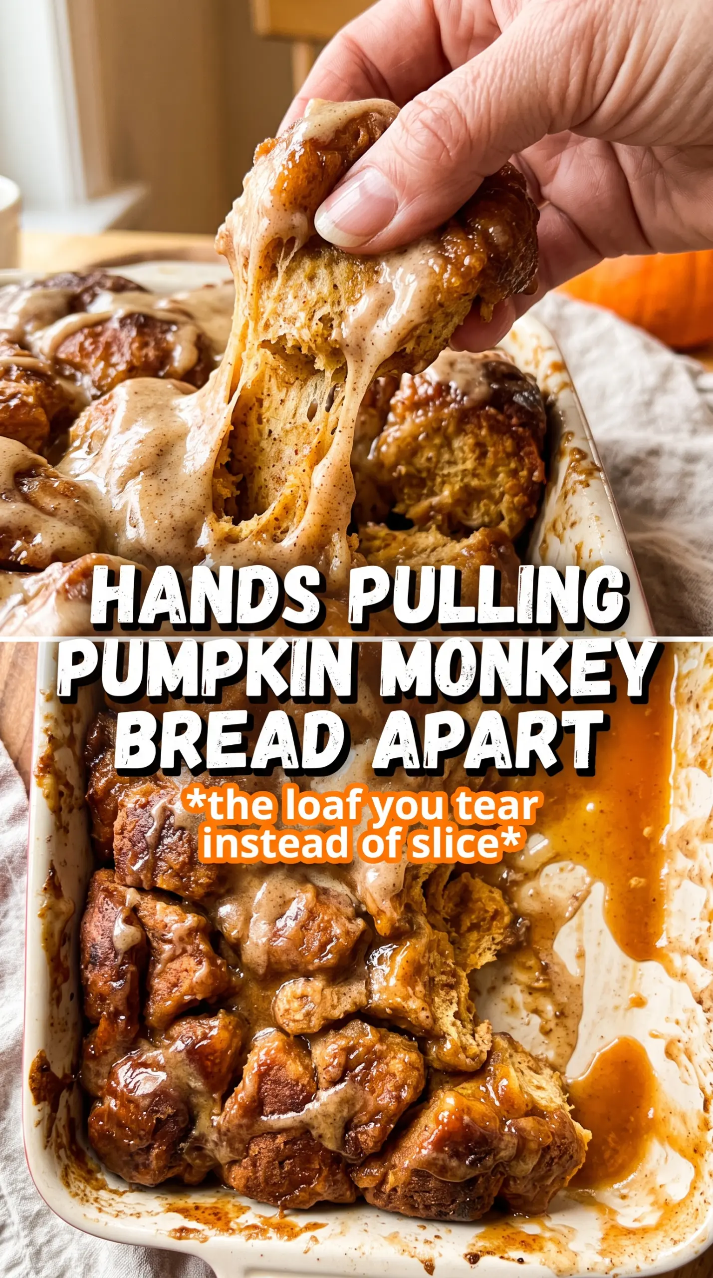 Pumpkin Spice Monkey Bread With Cream Cheese Glaze, sticky pull-apart, caramelized