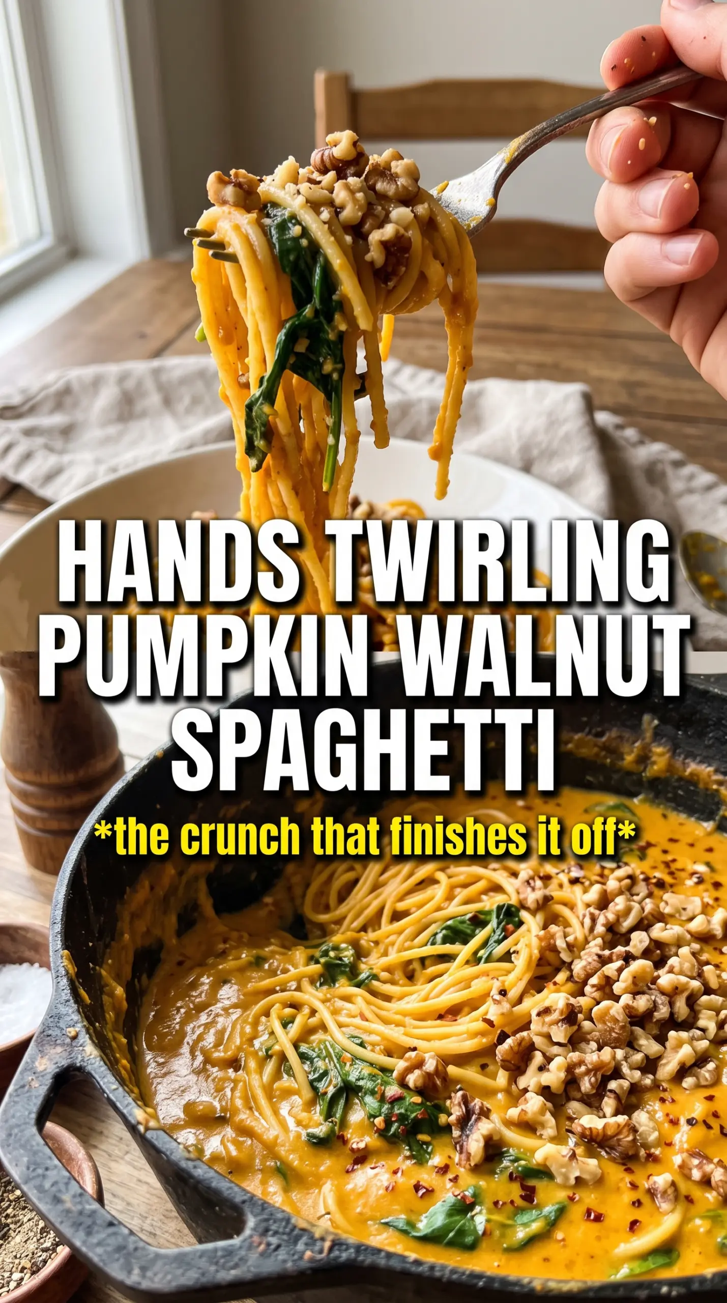 Pumpkin Spinach and Walnut Spaghetti creamy savory